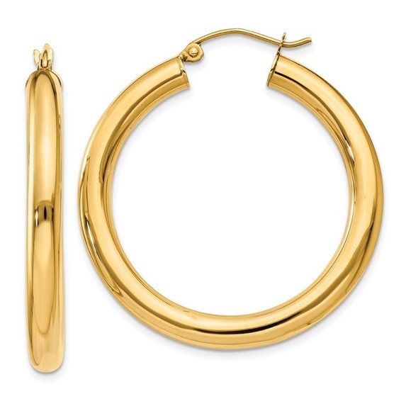 14k Yellow Gold Polished 4mm Tube Hoop Earrings 35 L x 4 mm W